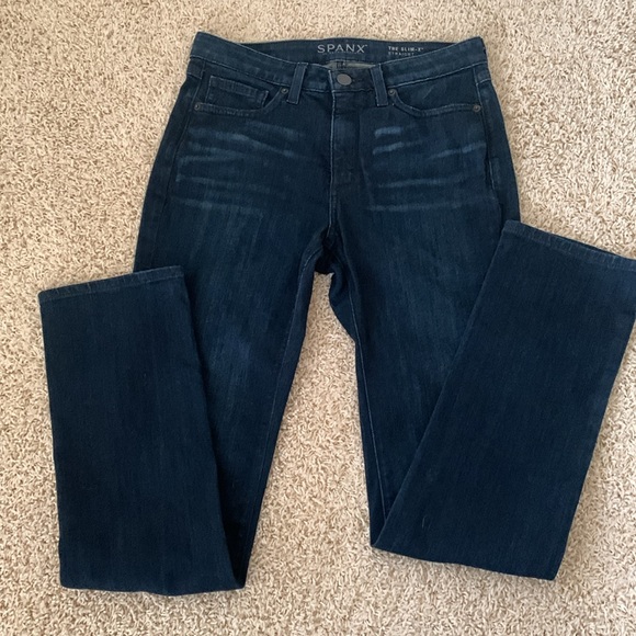 SPANX Denim - SPANX THE SLIM X STRAIGHT LEG 5 pocket indigo blue mid rise jeans women’s SZ 28